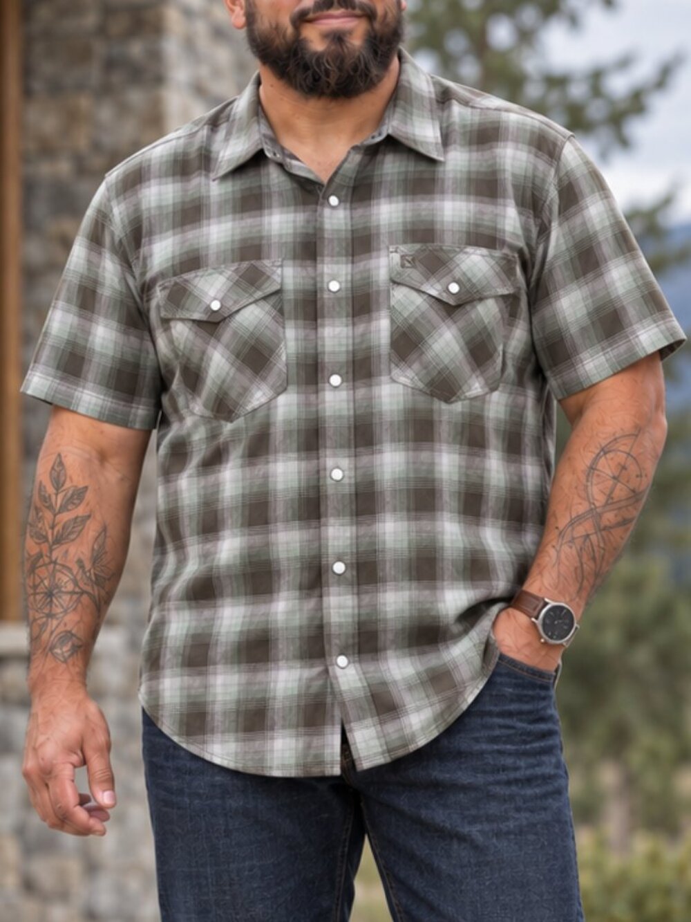 Noble Outfitters FullFlexx Snap XL Shirt Green Gray Plaid Short Sleeve 12008